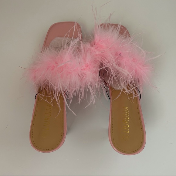 LIURUIJIA Square Toe Feathers High Heel Fur Mules Sandals Size 44 (US 11.5) - Picture 5 of 10